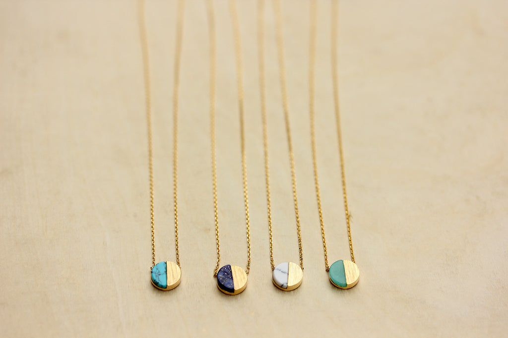 Dainty real gem stone gold circle necklaces from Diament Jewelry, a gift shop in Washington, DC.