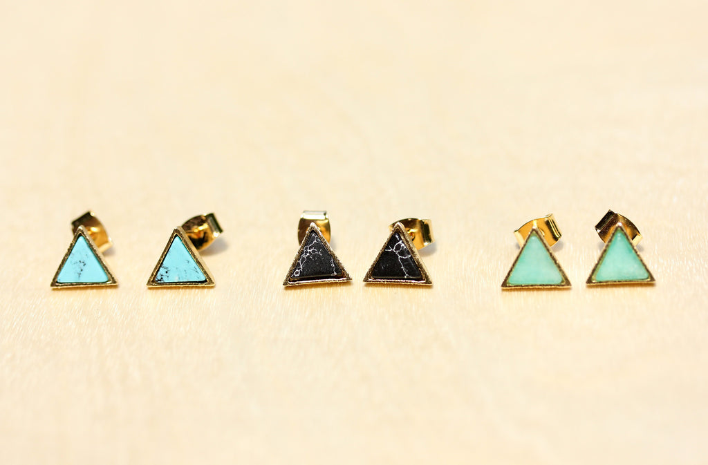 Dainty real gem stone gold split triangle studs from Diament Jewelry, a gift shop in Washington, DC.