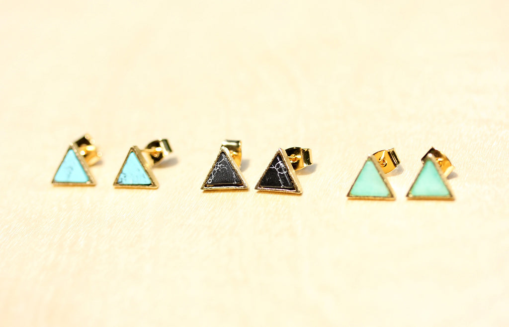 Dainty real gem stone gold split triangle studs from Diament Jewelry, a gift shop in Washington, DC.