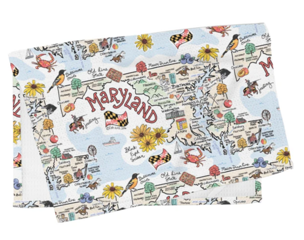Fish Kiss Maryland Map Tea Towel from Diament Jewelry, a gift shop in Washington, DC.