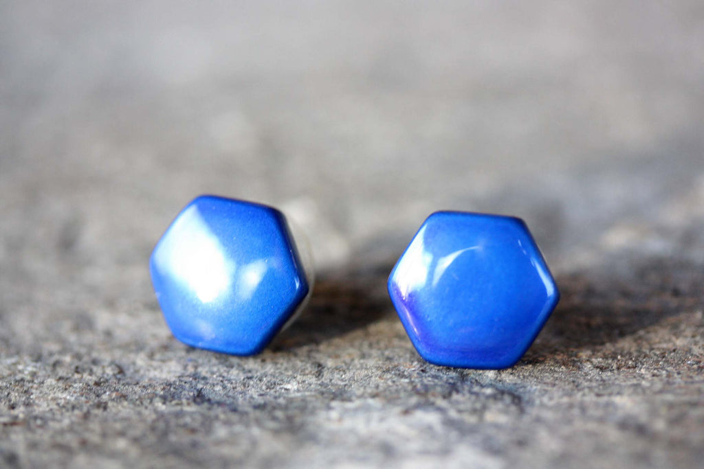 Bright blue hexagon studs from Diament Jewelry, a gift shop in Washington, DC.
