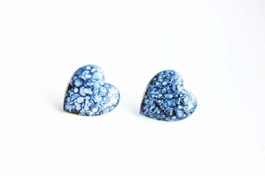 Denim heart studs from Diament Jewelry, a gift shop in Washington, DC.