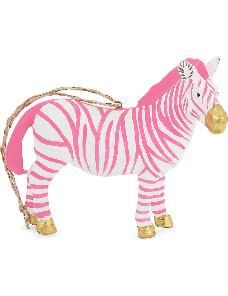 Pink zebra holiday ornament from Diament Jewelry, a gift shop in Washington, DC.