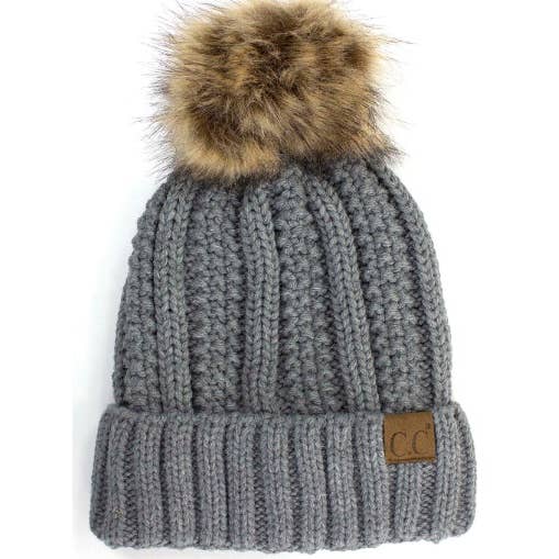True Grey Lined Cable Pom Beanie from Diament Jewelry, a gift shop in Washington, DC.