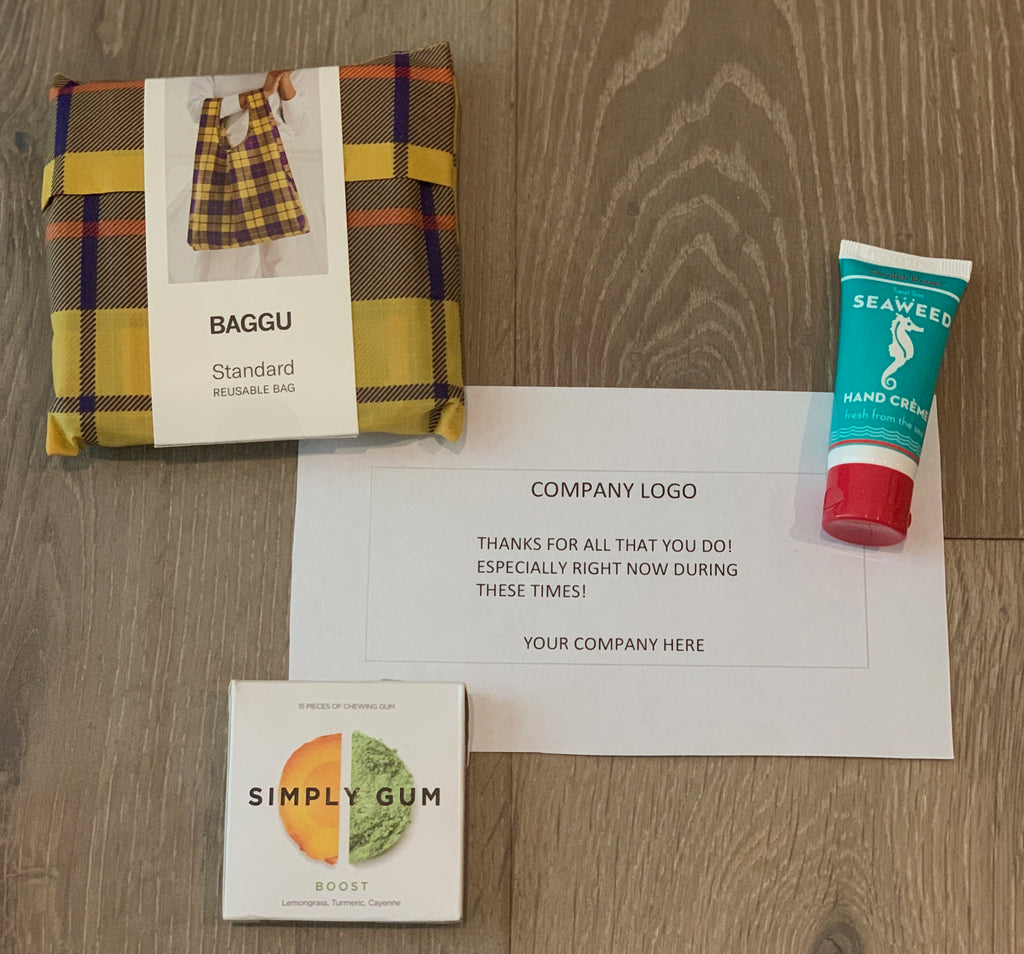 Corporate care package including baggu, seaweed hand cream, and gum from Diament Jewelry, a gift shop in Washington, DC.