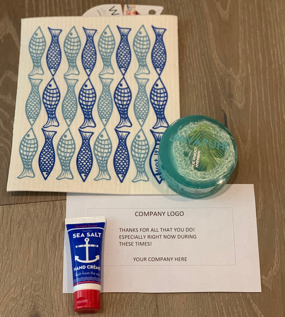Corporate care package including reusable dish cloth, scented loofah soap, and sea salt hand cream from Diament Jewelry, a gift shop in Washington, DC.