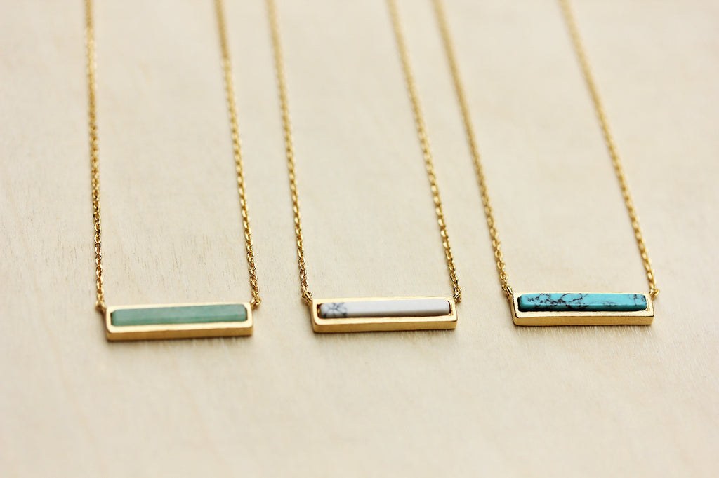 Dainty real gem stone gold bar necklace from Diament Jewelry, a gift shop in Washington, DC.