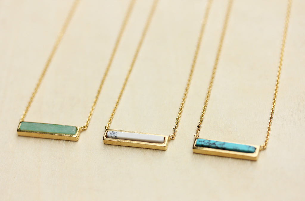 Dainty real gem stone gold bar necklace from Diament Jewelry, a gift shop in Washington, DC.