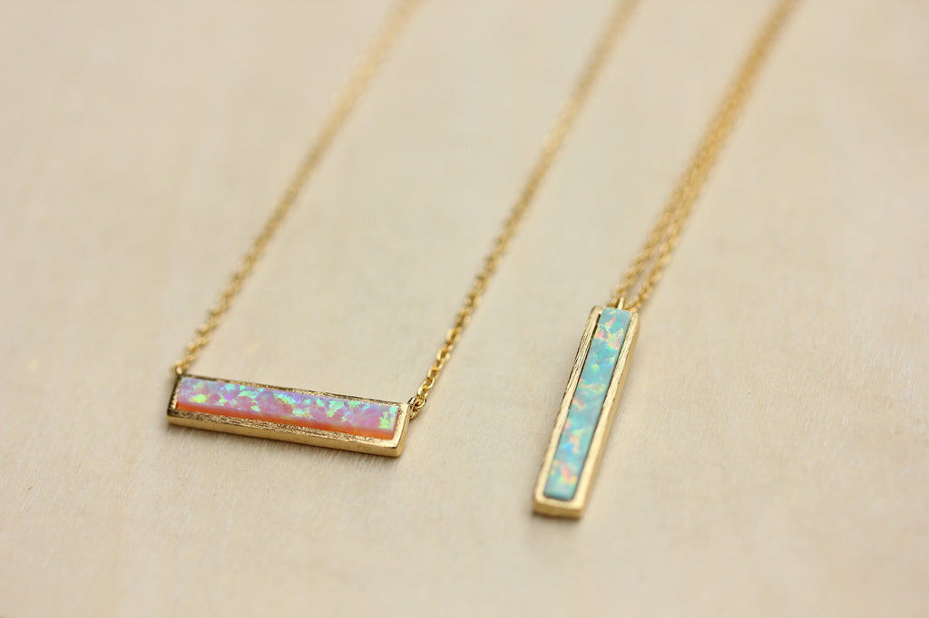Dainty real gem stone gold opal bar necklace from Diament Jewelry, a gift shop in Washington, DC.