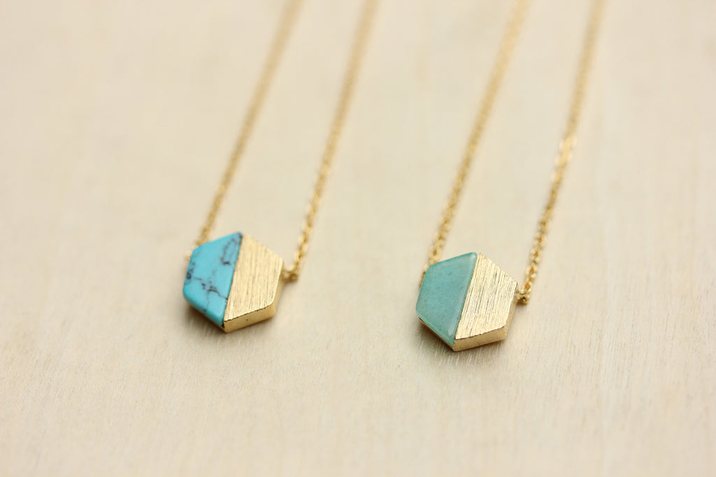 Dainty real gem stone hexagon gold necklaces from Diament Jewelry, a gift shop in Washington, DC.