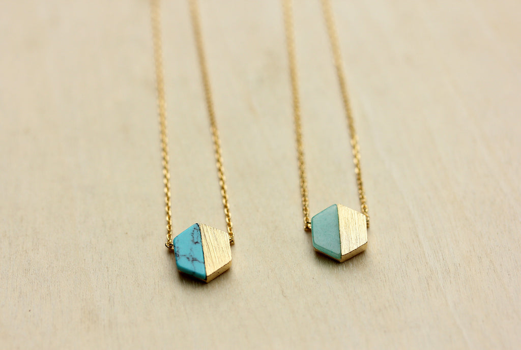 Dainty real gem stone hexagon gold necklaces from Diament Jewelry, a gift shop in Washington, DC.
