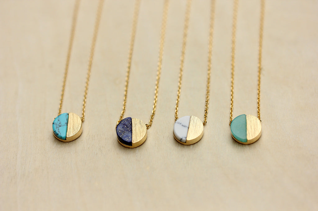 Dainty real gem stone gold circle necklaces from Diament Jewelry, a gift shop in Washington, DC.