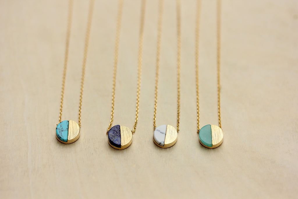 Dainty real gem stone gold circle necklaces from Diament Jewelry, a gift shop in Washington, DC.