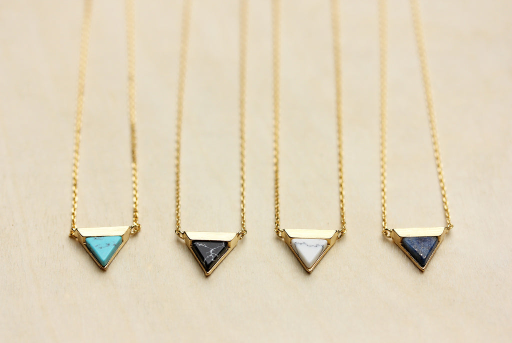 Dainty real gem stone gold split triangle necklace from Diament Jewelry, a gift shop in Washington, DC.