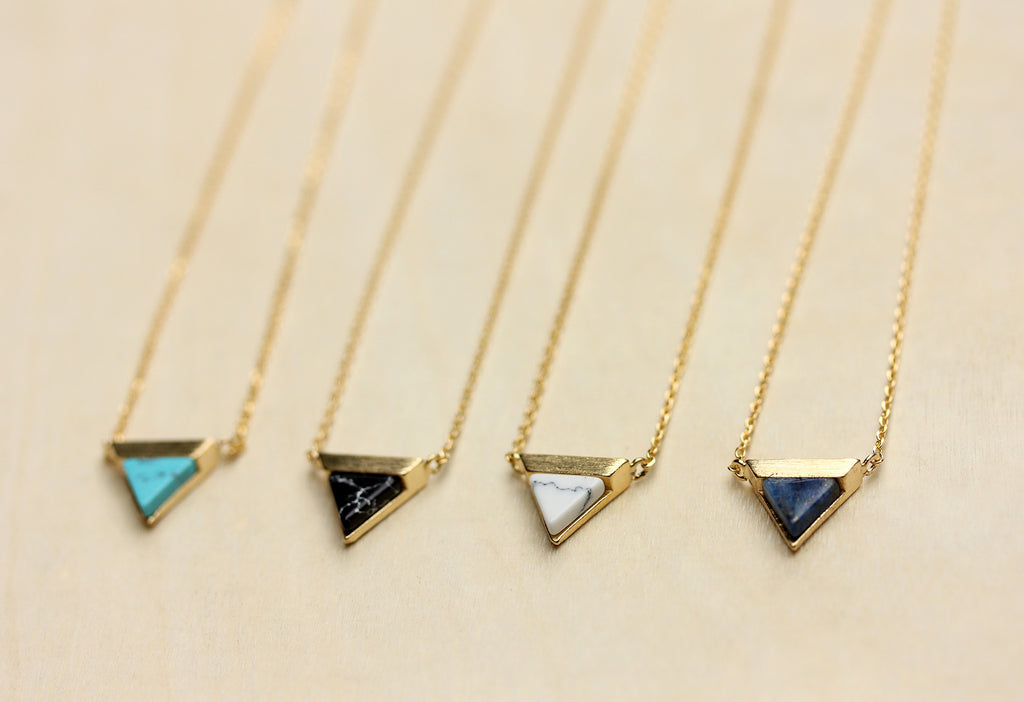 Dainty real gem stone gold split triangle necklace from Diament Jewelry, a gift shop in Washington, DC.