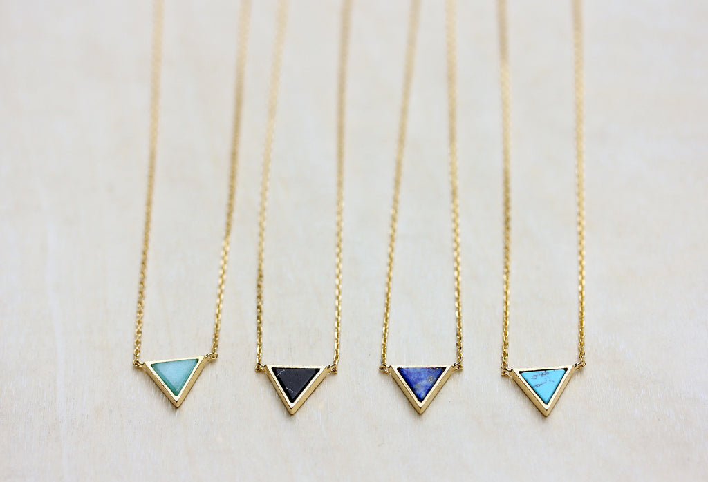 Dainty real gem stone gold triangle necklace from Diament Jewelry, a gift shop in Washington, DC.