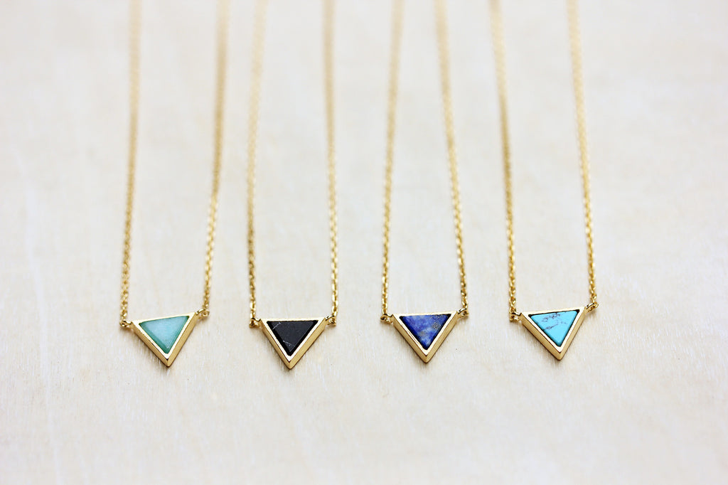 Dainty real gem stone gold triangle necklace from Diament Jewelry, a gift shop in Washington, DC.
