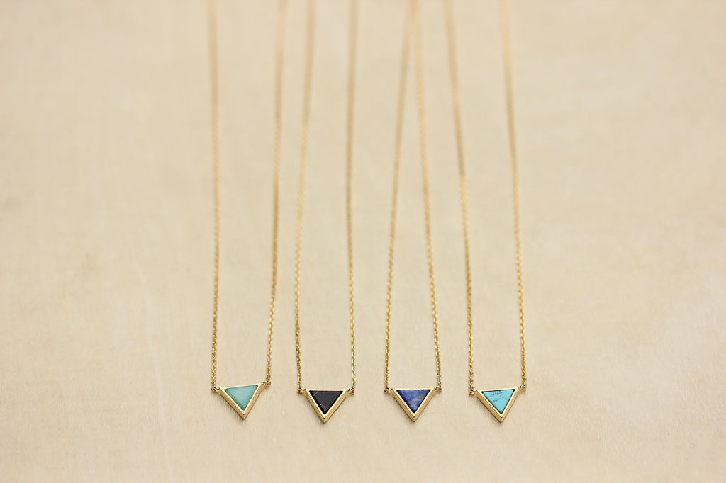 Dainty real gem stone gold triangle necklace from Diament Jewelry, a gift shop in Washington, DC.
