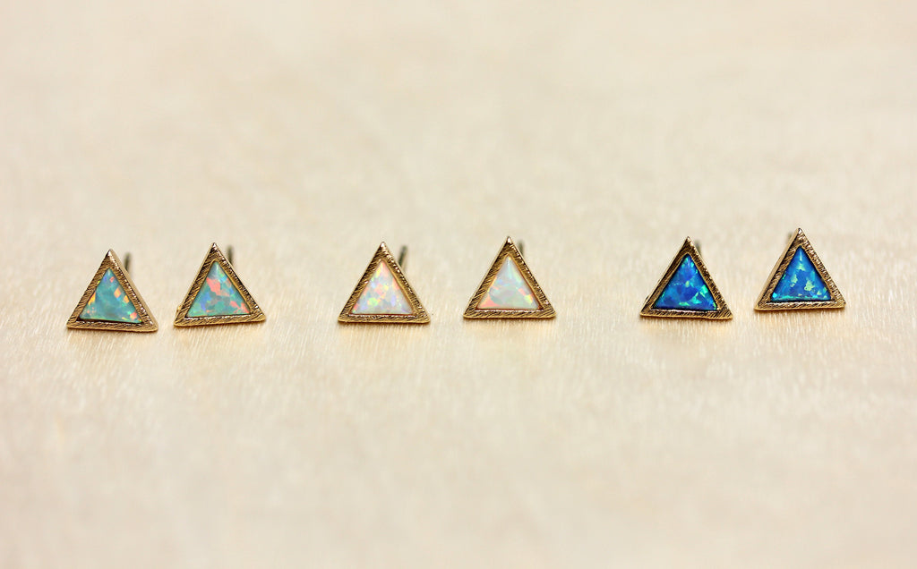 Dainty real gem stone gold split opal triangle studs from Diament Jewelry, a gift shop in Washington, DC.