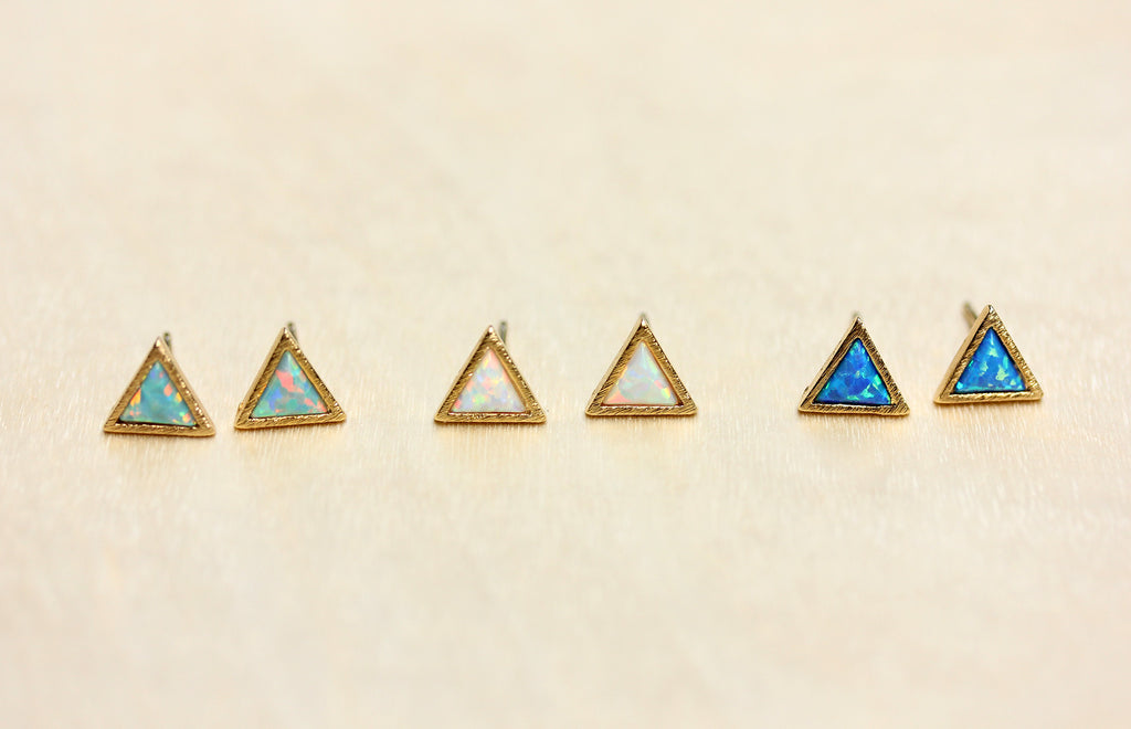 Dainty real gem stone gold split opal triangle studs from Diament Jewelry, a gift shop in Washington, DC.
