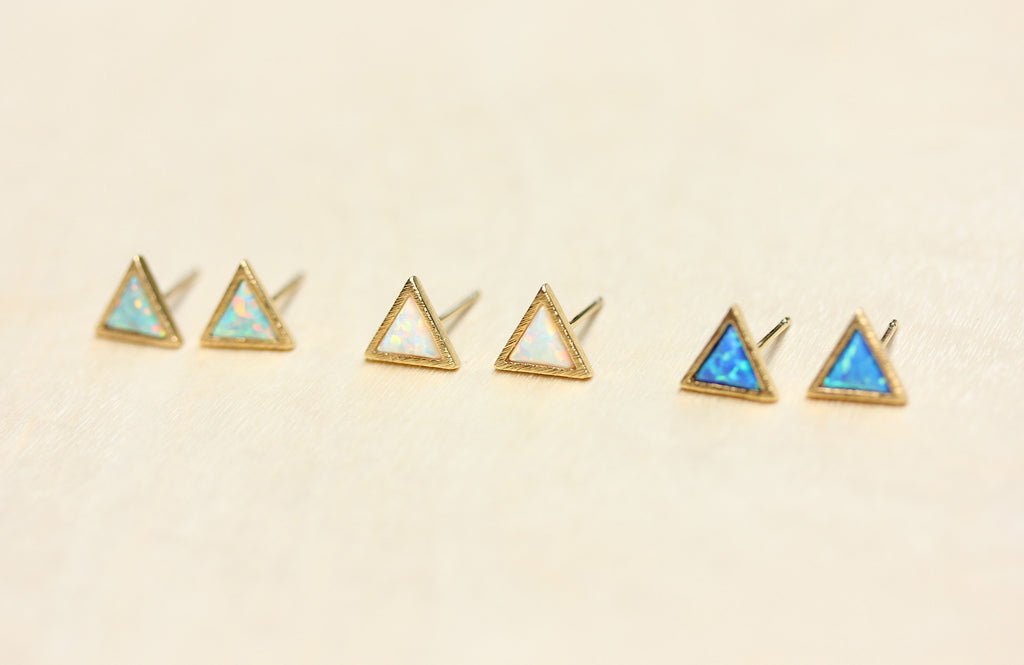Dainty real gem stone gold split opal triangle studs from Diament Jewelry, a gift shop in Washington, DC.