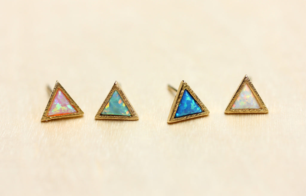 Dainty real gem stone gold split opal triangle studs from Diament Jewelry, a gift shop in Washington, DC.