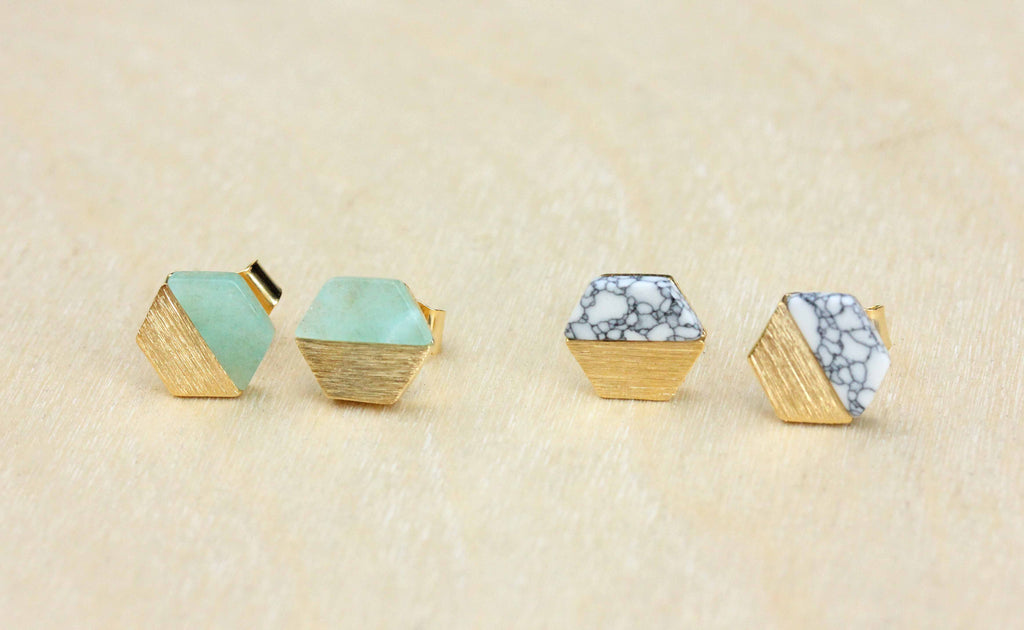 Dainty real gem stone gold split hexagon studs from Diament Jewelry, a gift shop in Washington, DC.