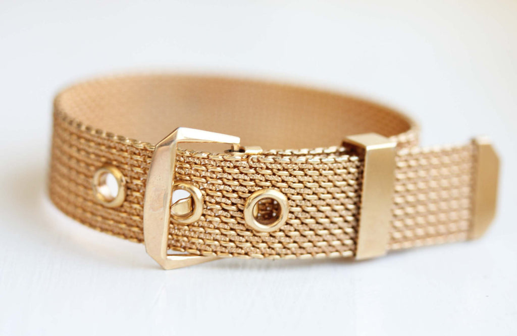Mesh gold buckle bracelet from Diament Jewelry, a gift shop in Washington, DC.