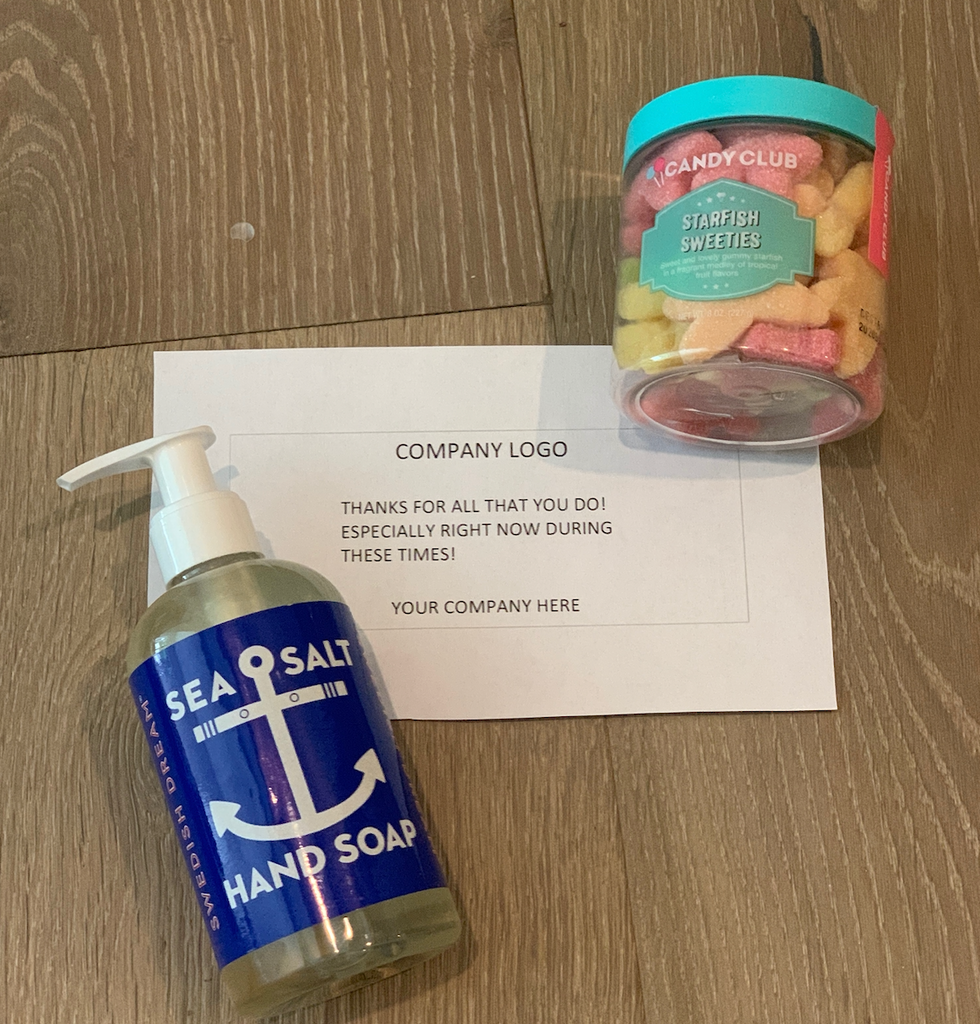 Corporate care package including sea salt liquid hand soap and starfish sweeties candy from Diament Jewelry, a gift shop in Washington, DC.