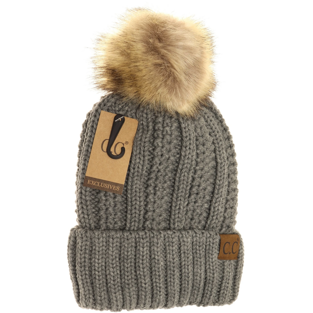 Grey Lined Cable Pom Beanie from Diament Jewelry, a gift shop in Washington, DC.