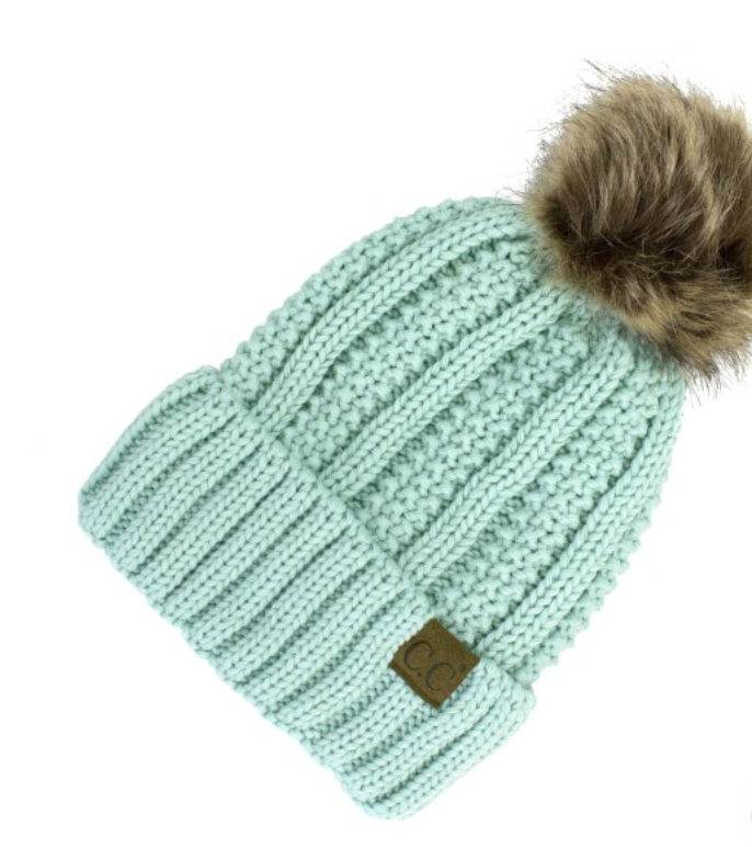Mint Lined Cable Pom Beanie from Diament Jewelry, a gift shop in Washington, DC.