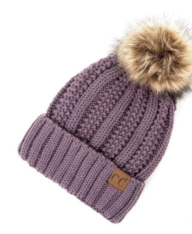 Purple Lined Cable Pom Beanie from Diament Jewelry, a gift shop in Washington, DC.