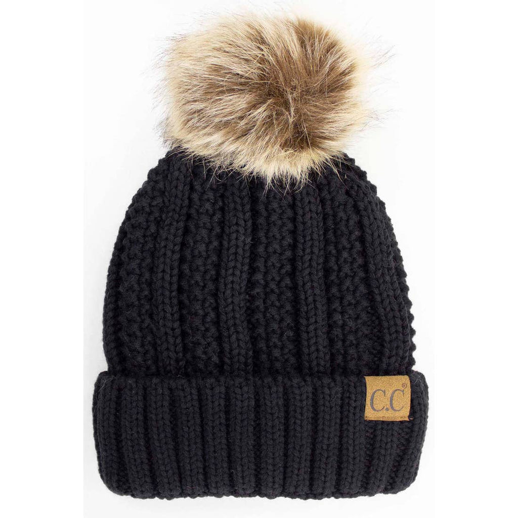 Black Lined Cable Pom Beanie from Diament Jewelry, a gift shop in Washington, DC.