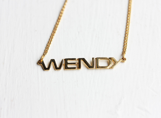 Vintage Wendy gold name necklace from Diament Jewelry, a gift shop in Washington, DC.