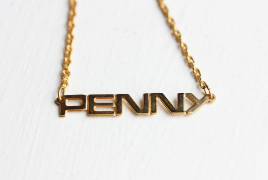 Vintage Penny gold name necklace from Diament Jewelry, a gift shop in Washington, DC.