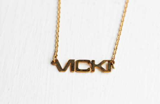 Vintage Vicki gold name necklace from Diament Jewelry, a gift shop in Washington, DC.