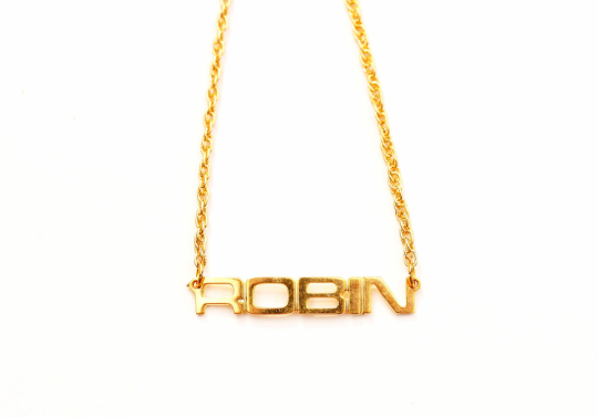 Vintage Robin gold name necklace from Diament Jewelry, a gift shop in Washington, DC.