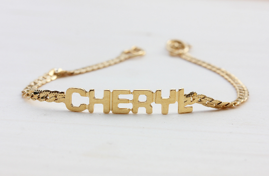 Vintage Cheryl gold name bracelet from Diament Jewelry, a gift shop in Washington, DC.