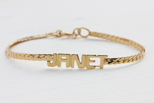 Vintage Janet gold name bracelet from Diament Jewelry, a gift shop in Washington, DC.