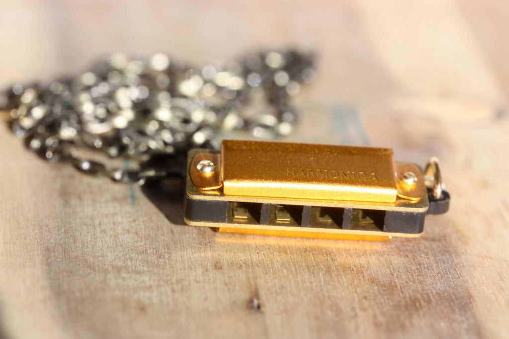 Gold harmonica necklace from Diament Jewelry, a gift shop in Washington, DC.