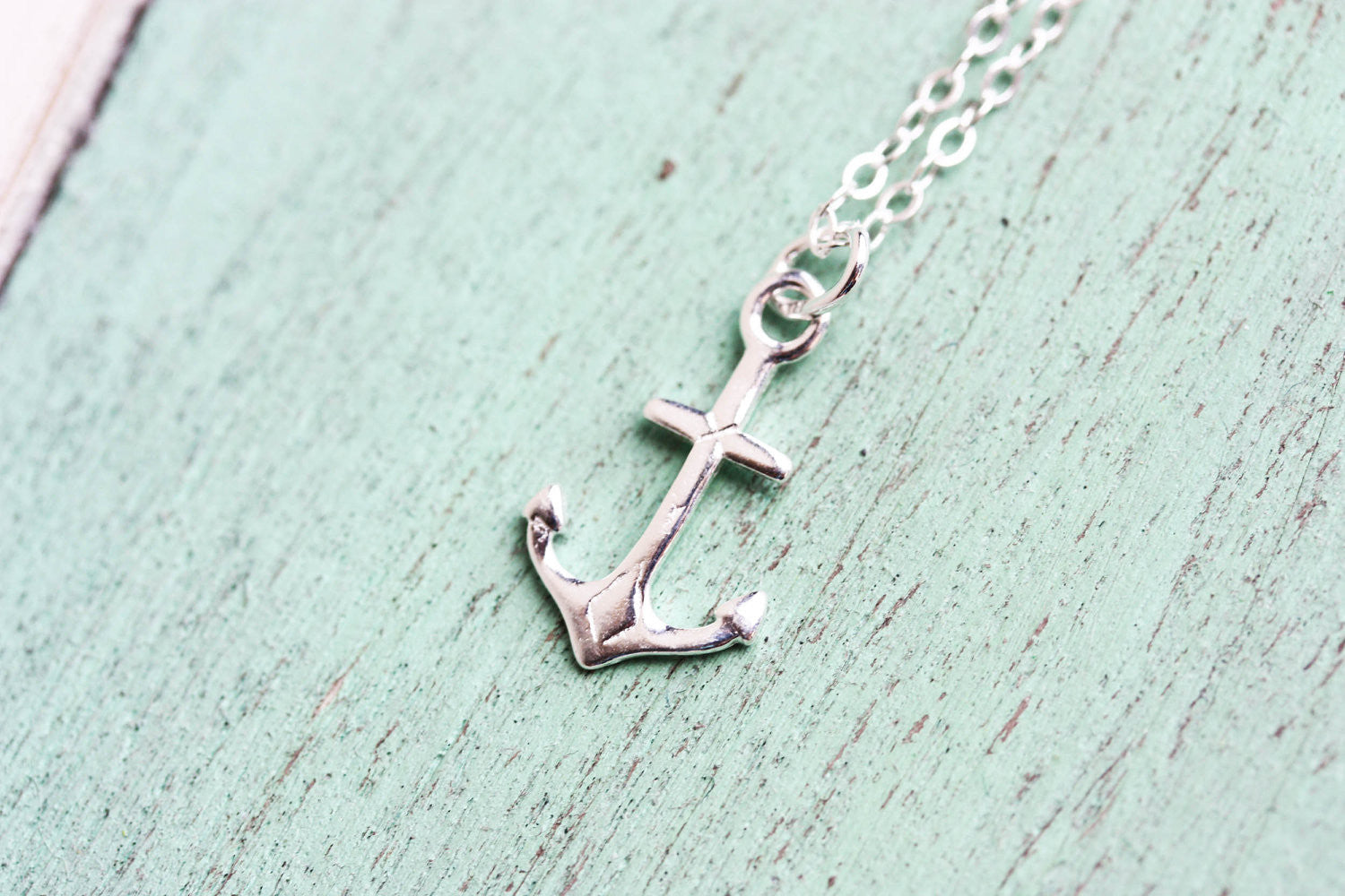 Tiny Sterling Silver Anchor Necklace Diament - Main Image