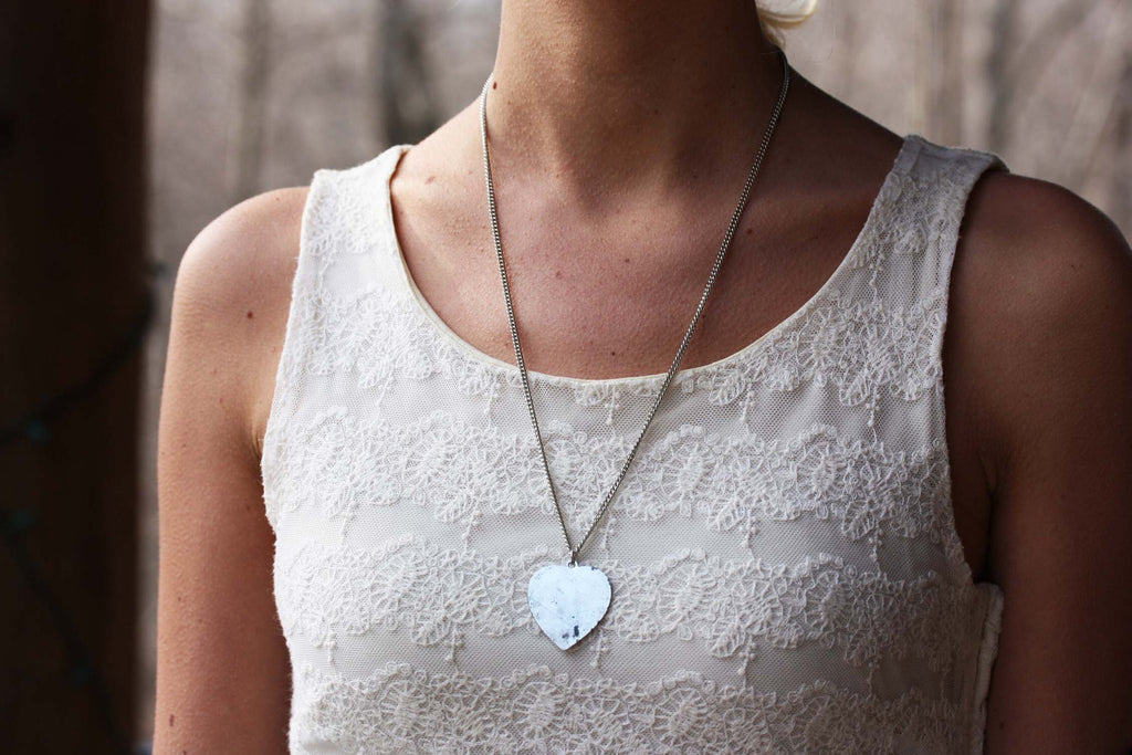 Oxidized silver heart necklace from Diament Jewelry, a gift shop in Washington, DC.