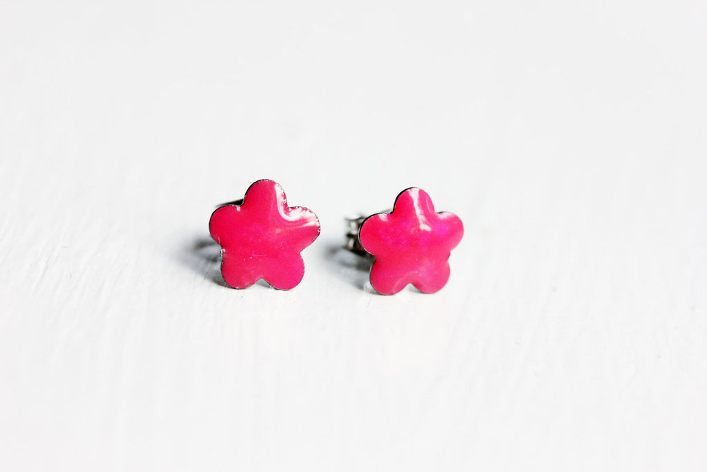 Hot pink flower studs from Diament Jewelry, a gift shop in Washington, DC.