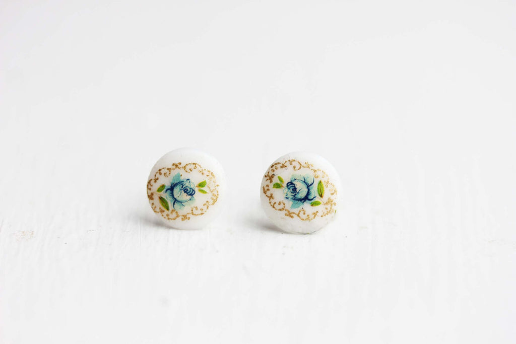 Tiny blue flower studs from Diament Jewelry, a gift shop in Washington, DC.