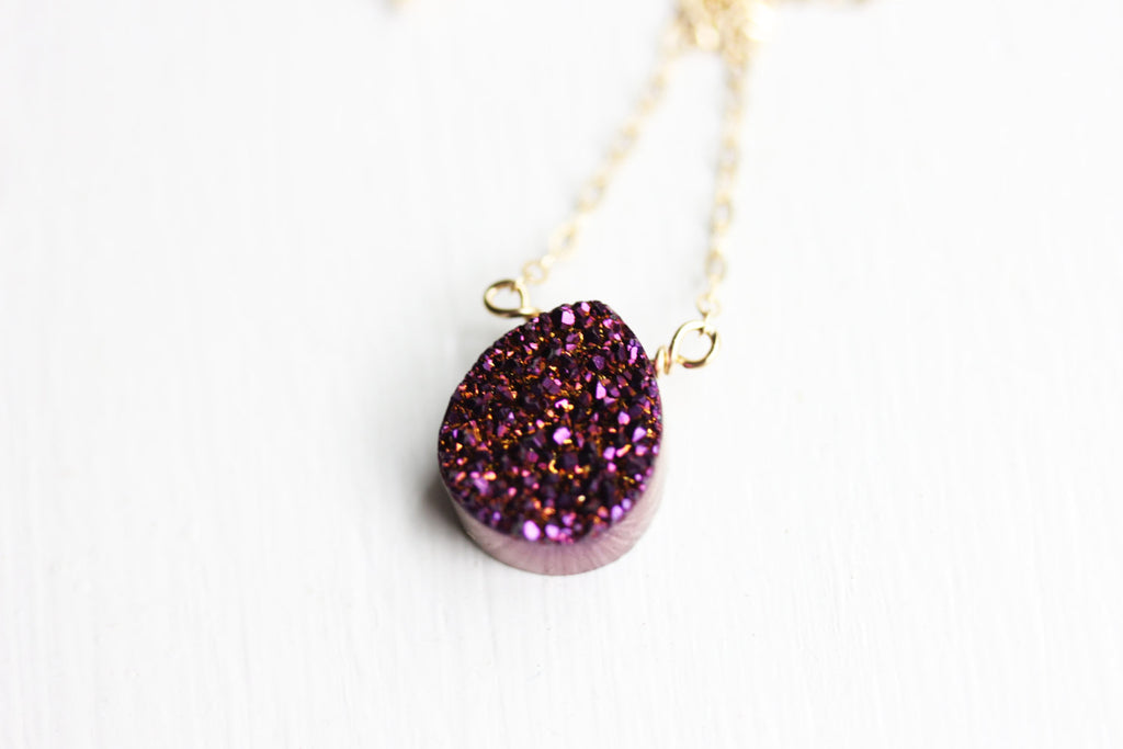 Purple drusy quartz gold chain necklace from Diament Jewelry, a gift shop in Washington, DC.
